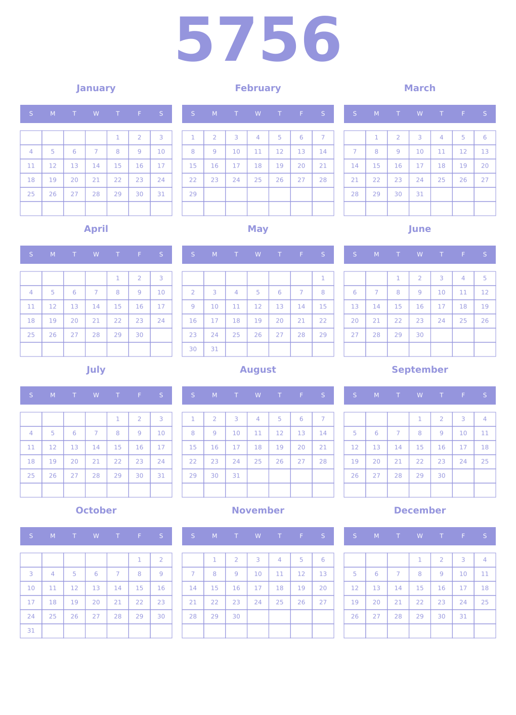 Printable 5756 Year Calendars periwinkle