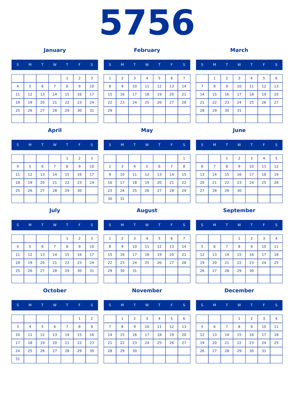 Printable 5756 Year Calendars smalt