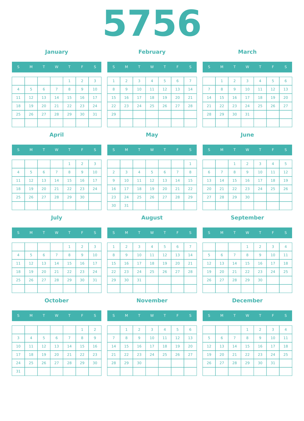 Printable 5756 Year Calendars verdigris