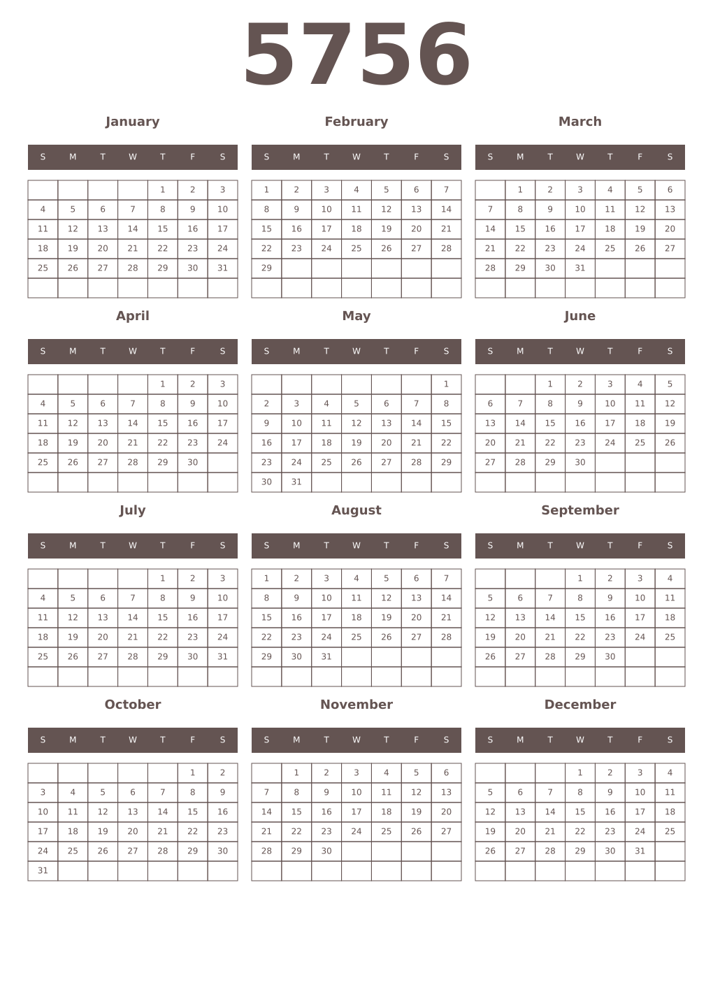 Printable 5756 Year Calendars wenge