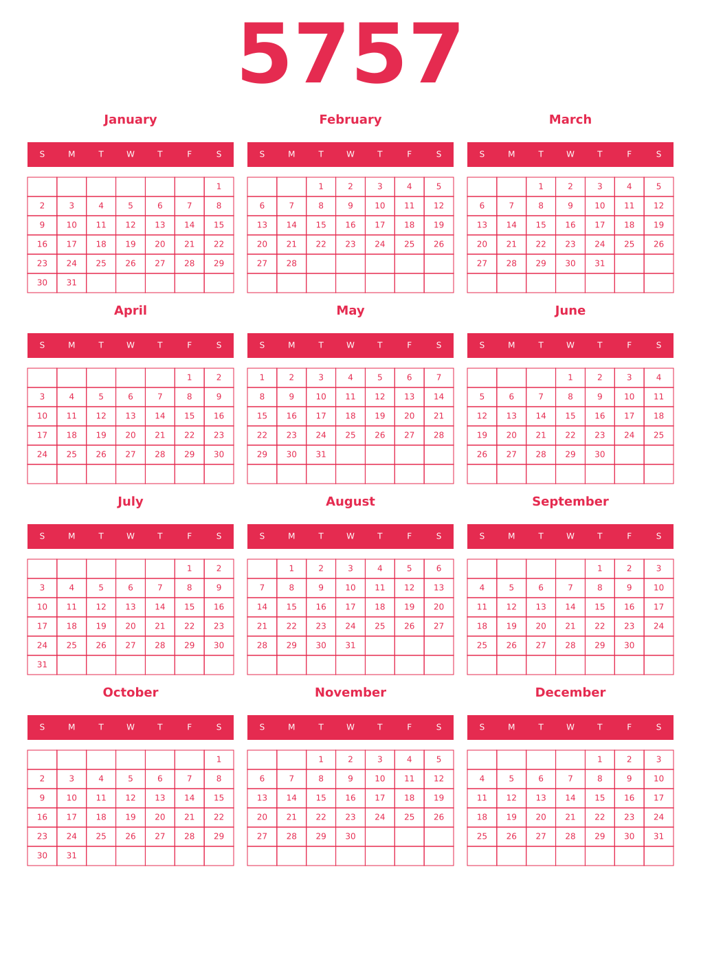 Printable 5757 Year Calendars amaranth