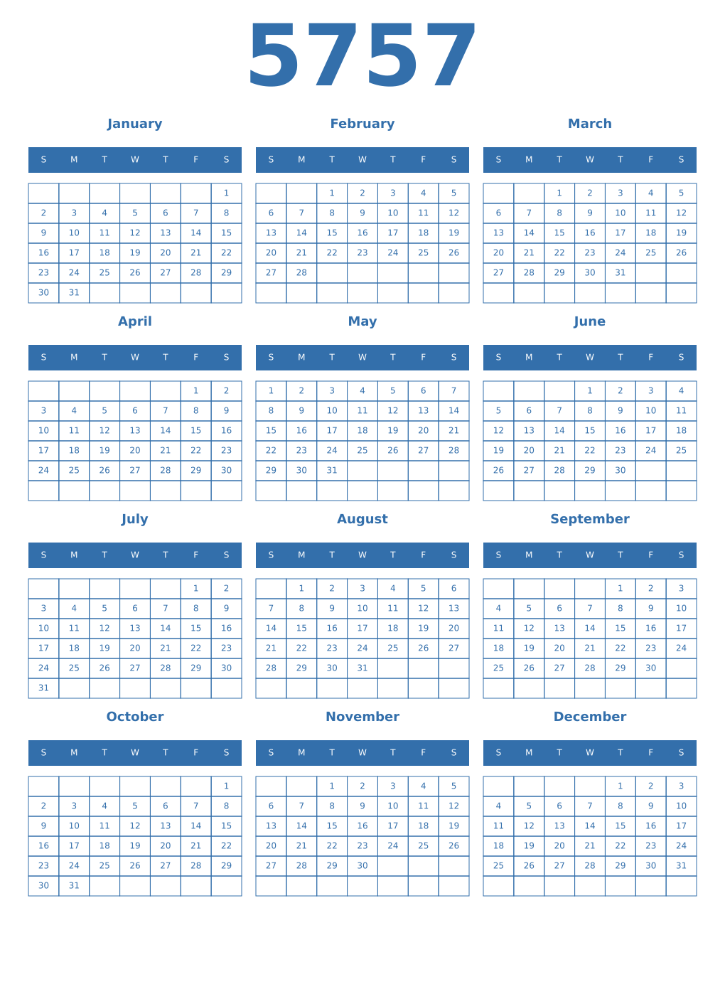 Printable 5757 Year Calendars blue