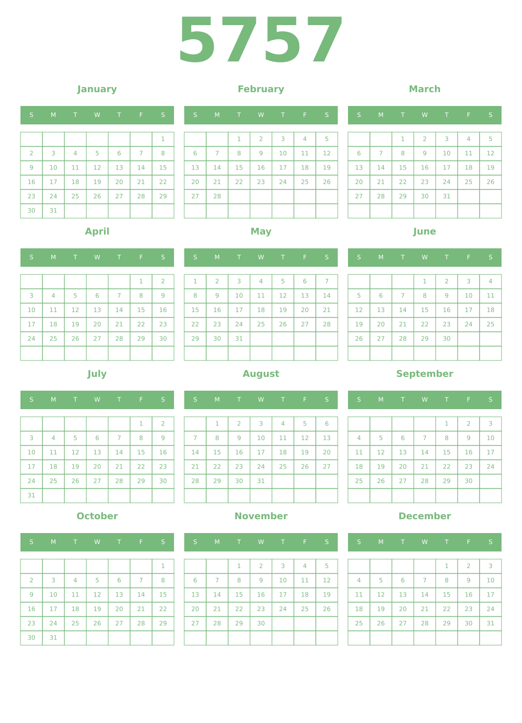 Printable 5757 Year Calendars celadon