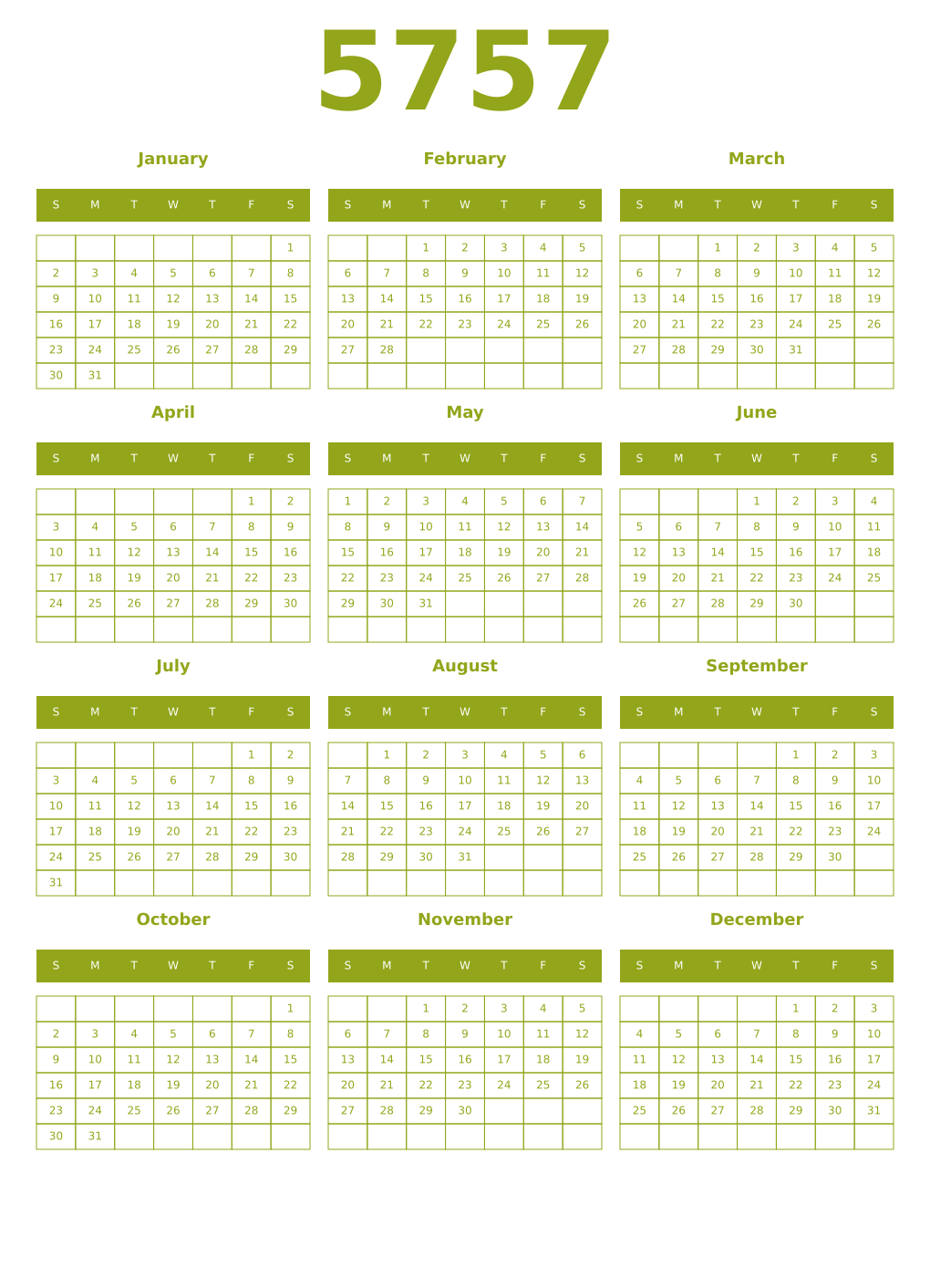 Printable 5757 Year Calendars chartreuse