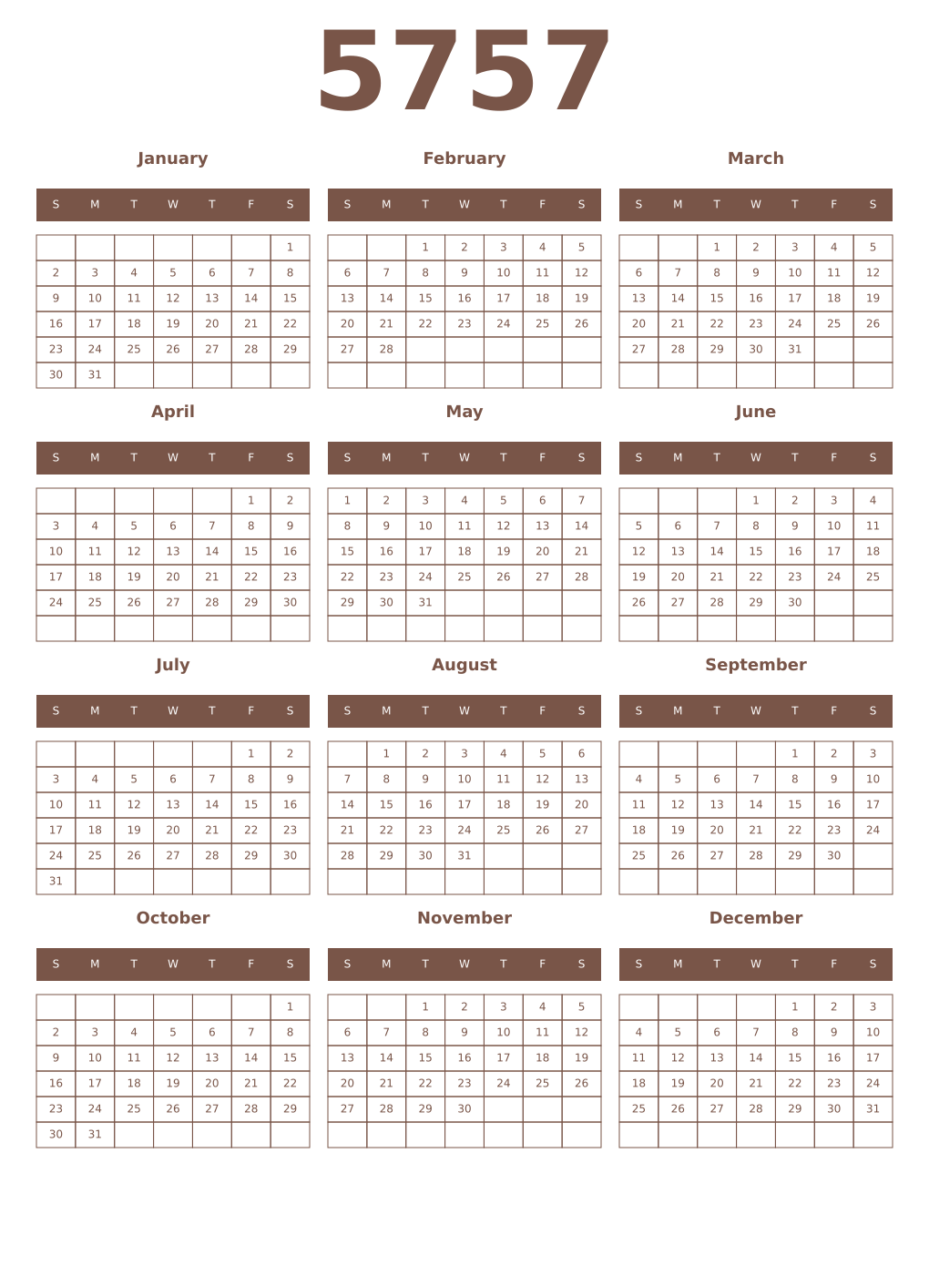 Printable 5757 Year Calendars coffe