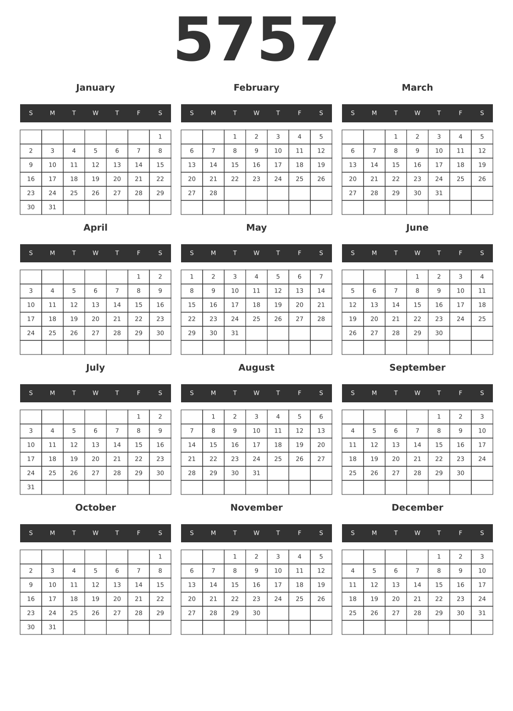 Printable 5757 Year Calendars dark