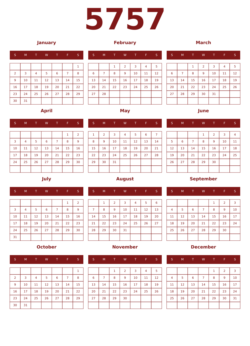 Printable 5757 Year Calendars falu
