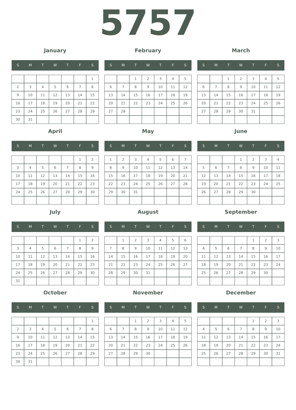 Printable 5757 Year Calendars feldgrau