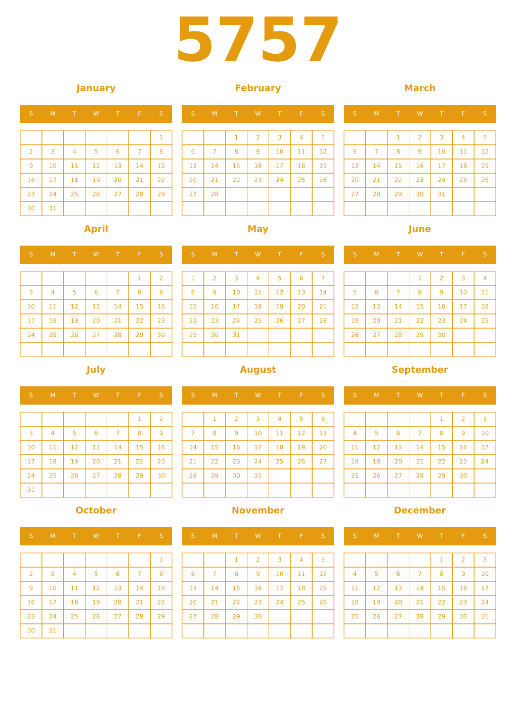Printable 5757 Year Calendars gamboge