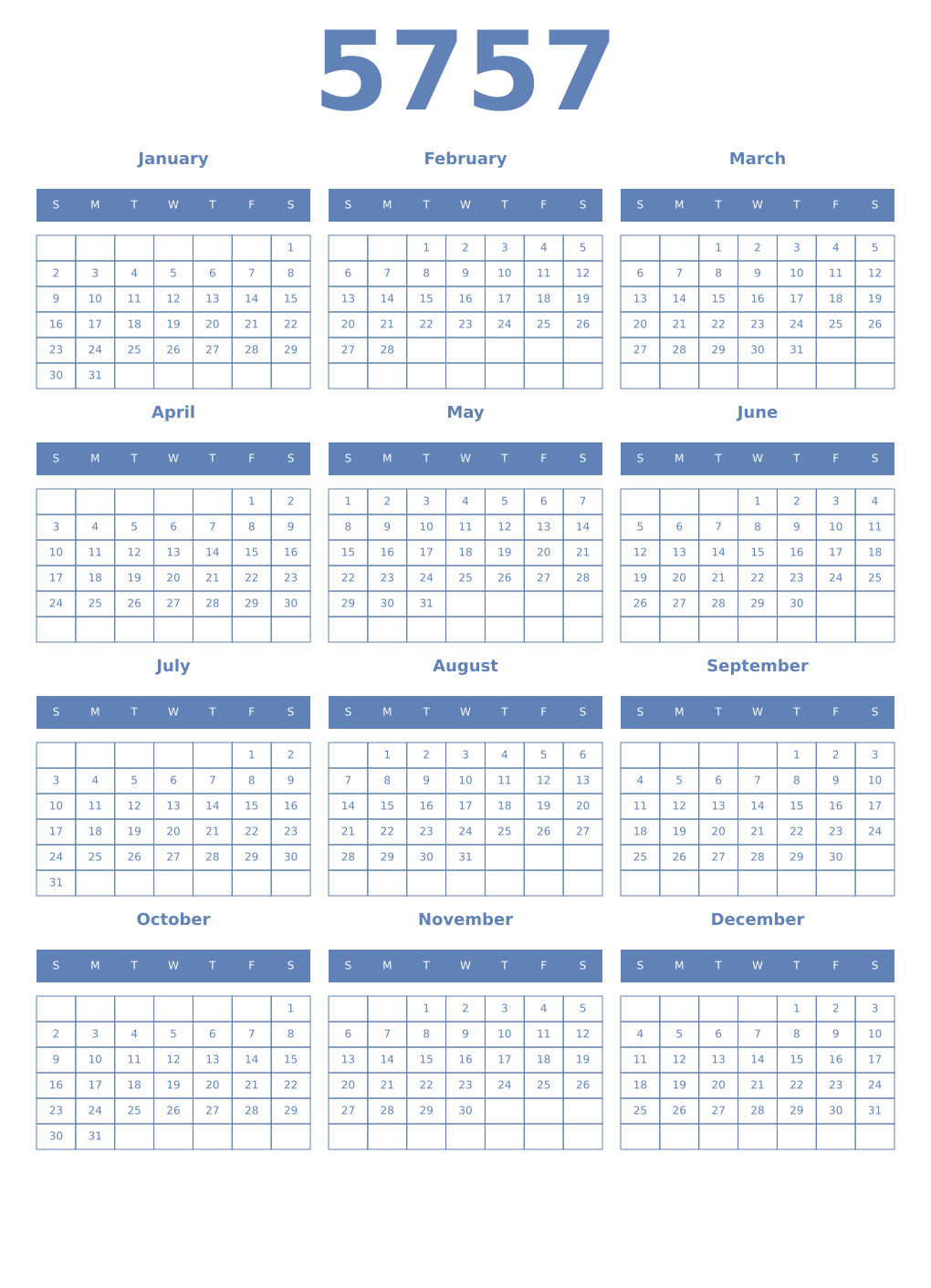 Printable 5757 Year Calendars glaucous