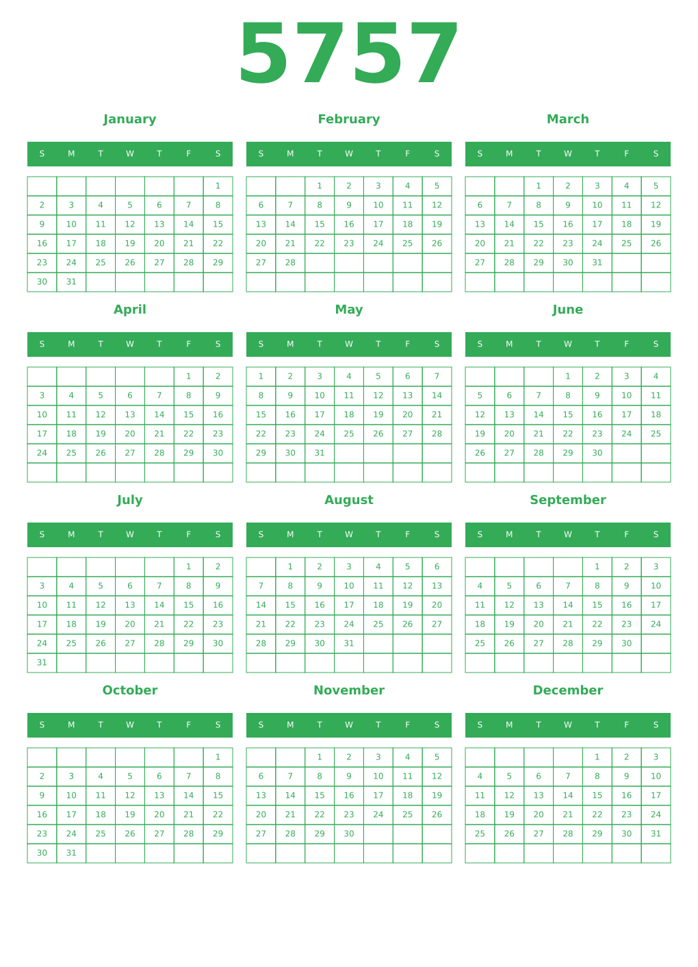 Printable 5757 Year Calendars green