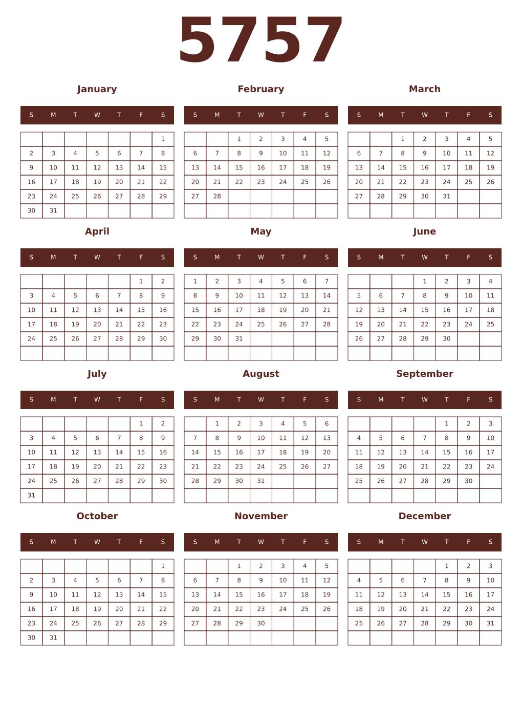 Printable 5757 Year Calendars mortuum