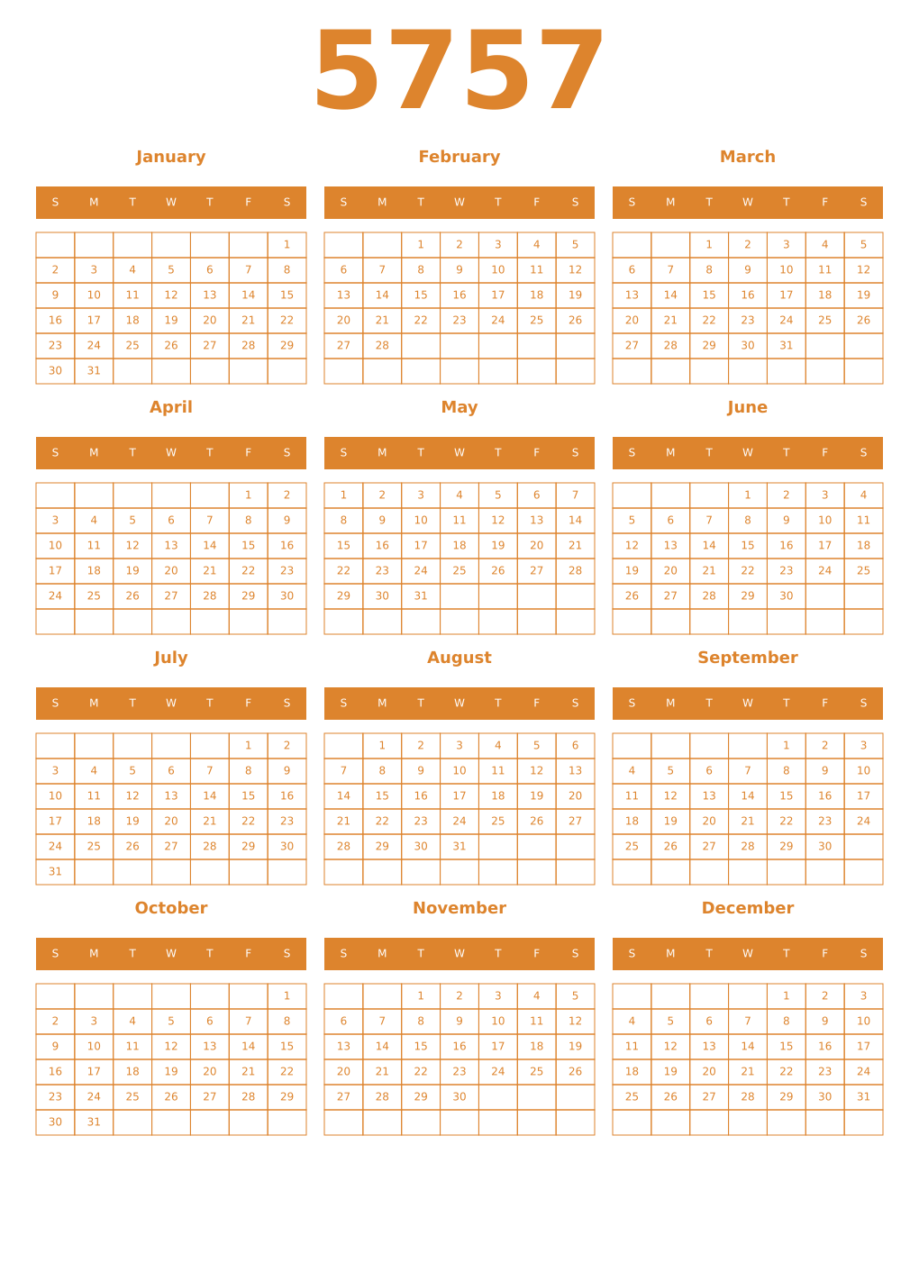 Printable 5757 Year Calendars orange