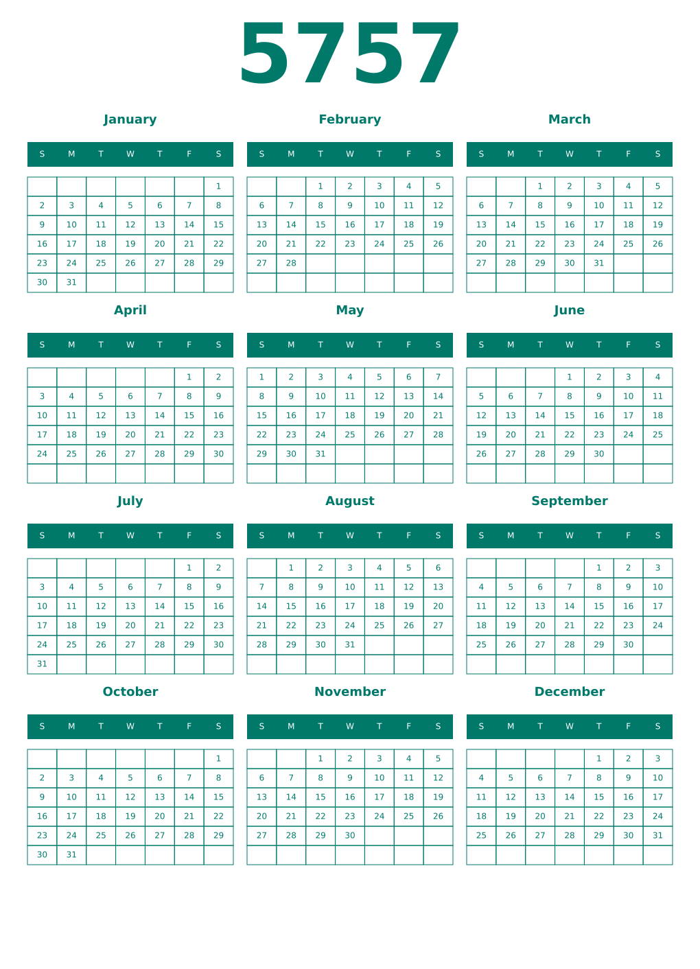 Printable 5757 Year Calendars pastel
