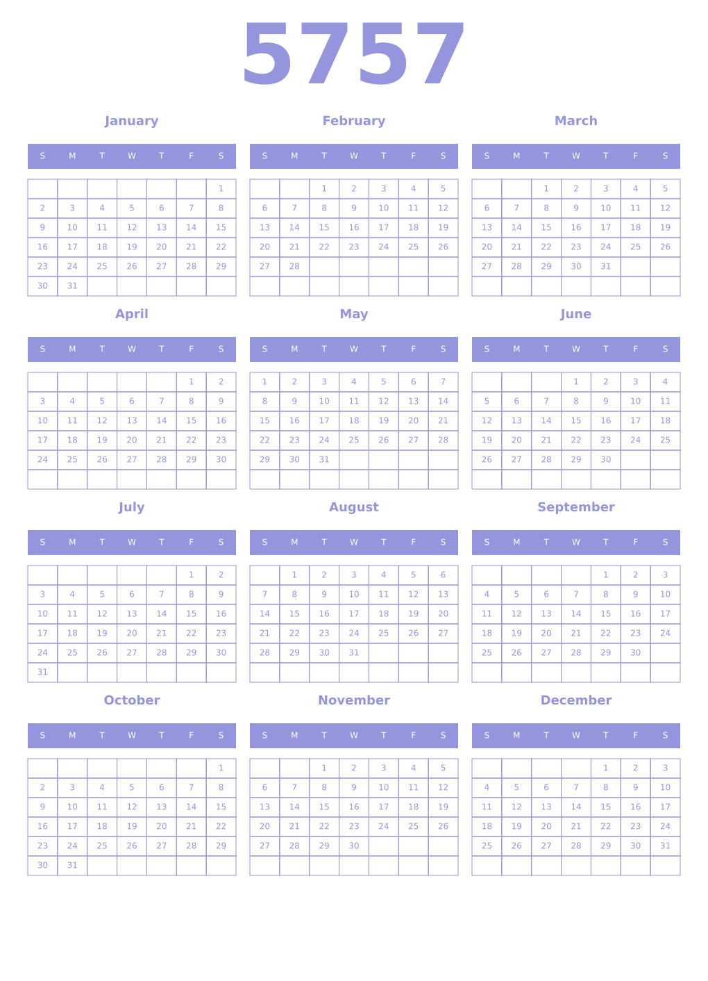 Printable 5757 Year Calendars periwinkle