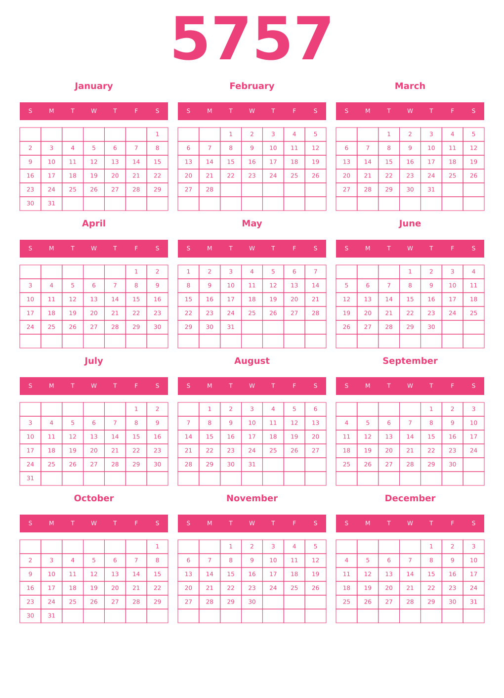 Printable 5757 Year Calendars pink