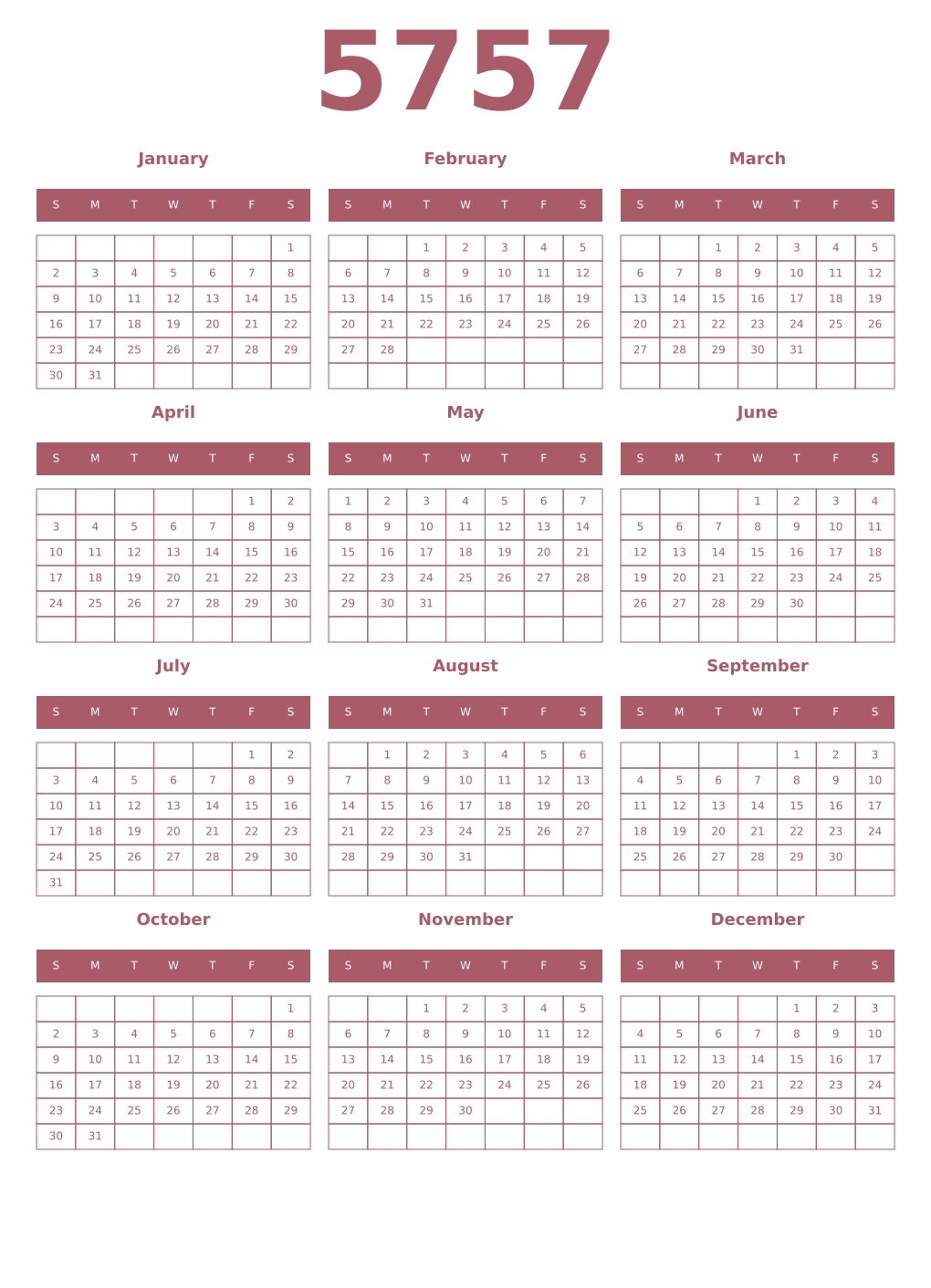 Printable 5757 Year Calendars puce