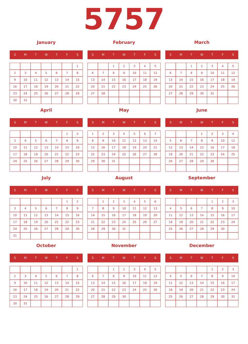 Printable 5757 Year Calendars red