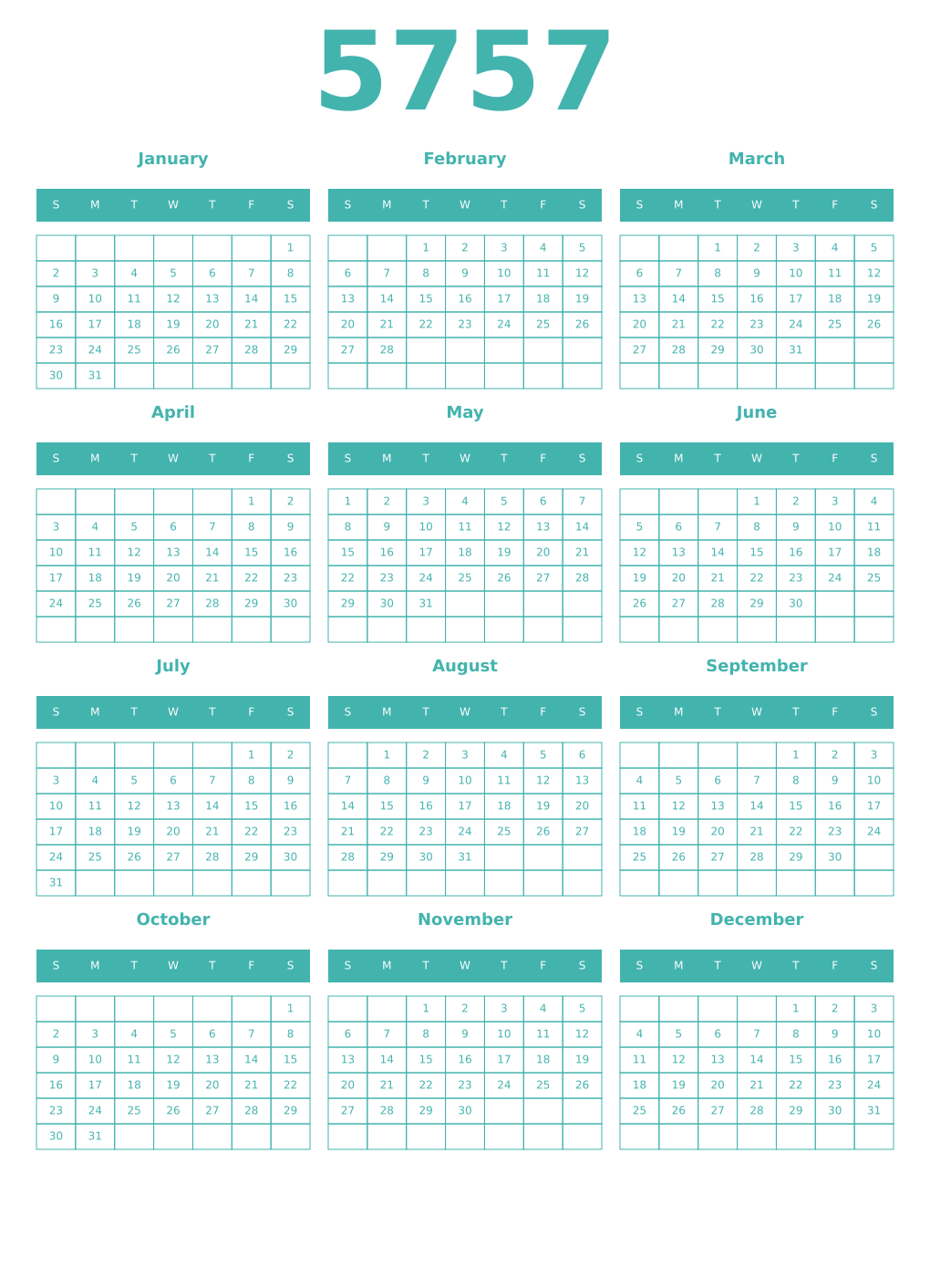 Printable 5757 Year Calendars verdigris
