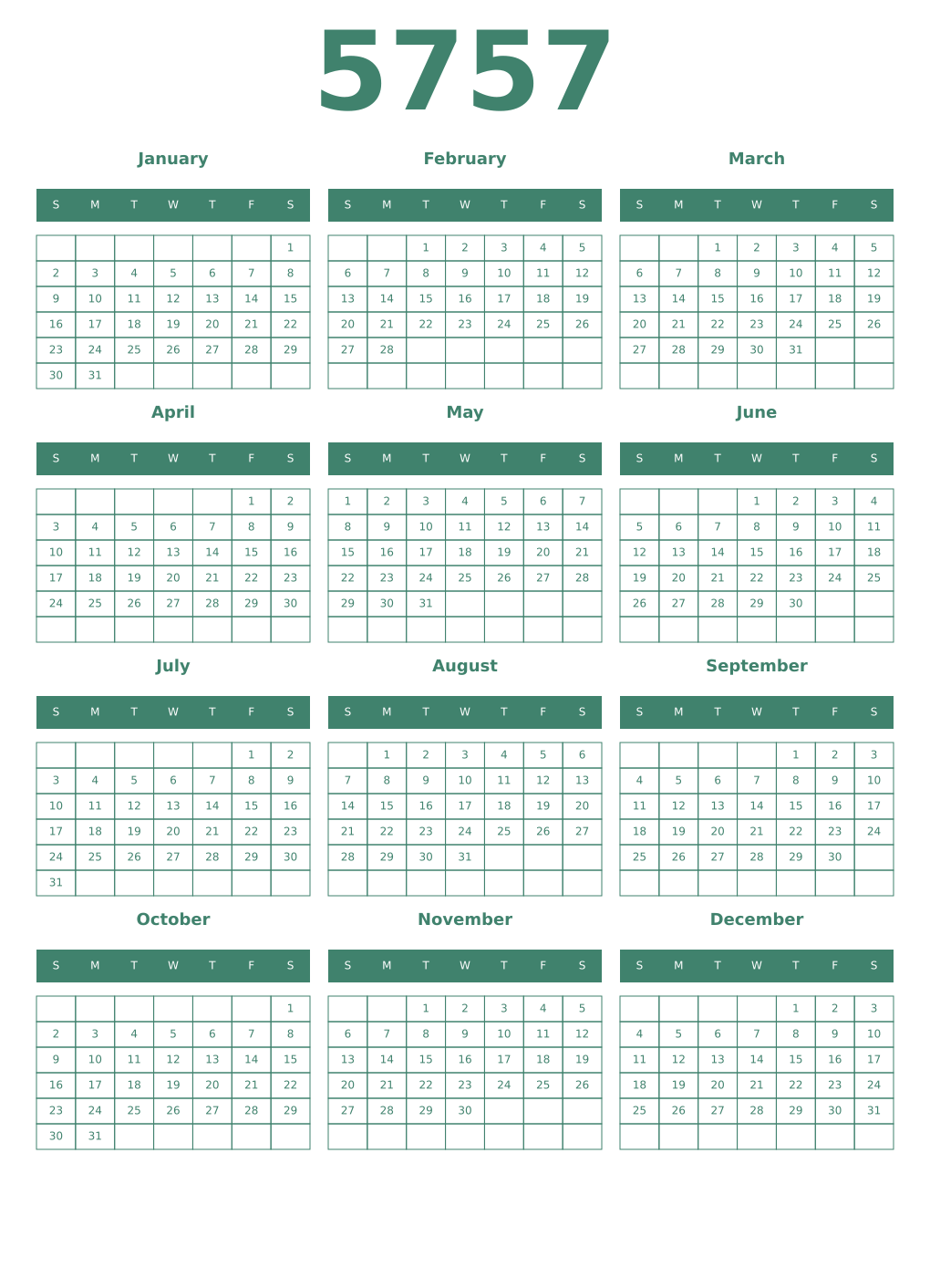Printable 5757 Year Calendars viridian