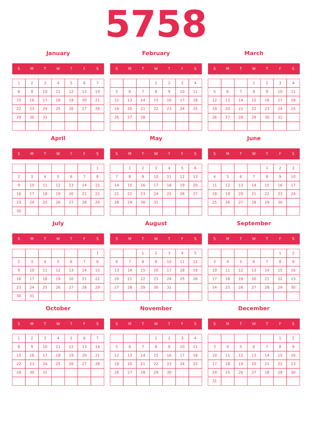 Printable 5758 Year Calendars amaranth
