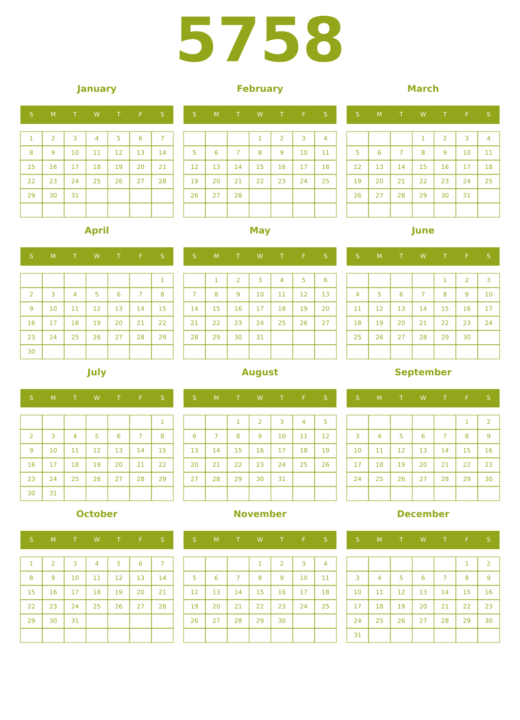 Printable 5758 Year Calendars chartreuse