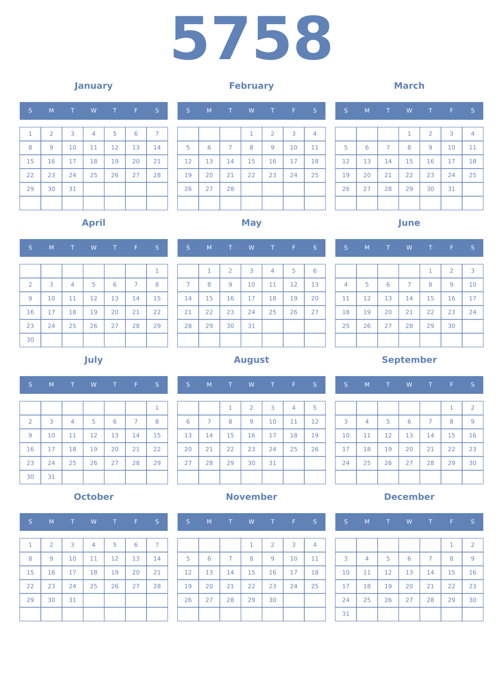 Printable 5758 Year Calendars glaucous