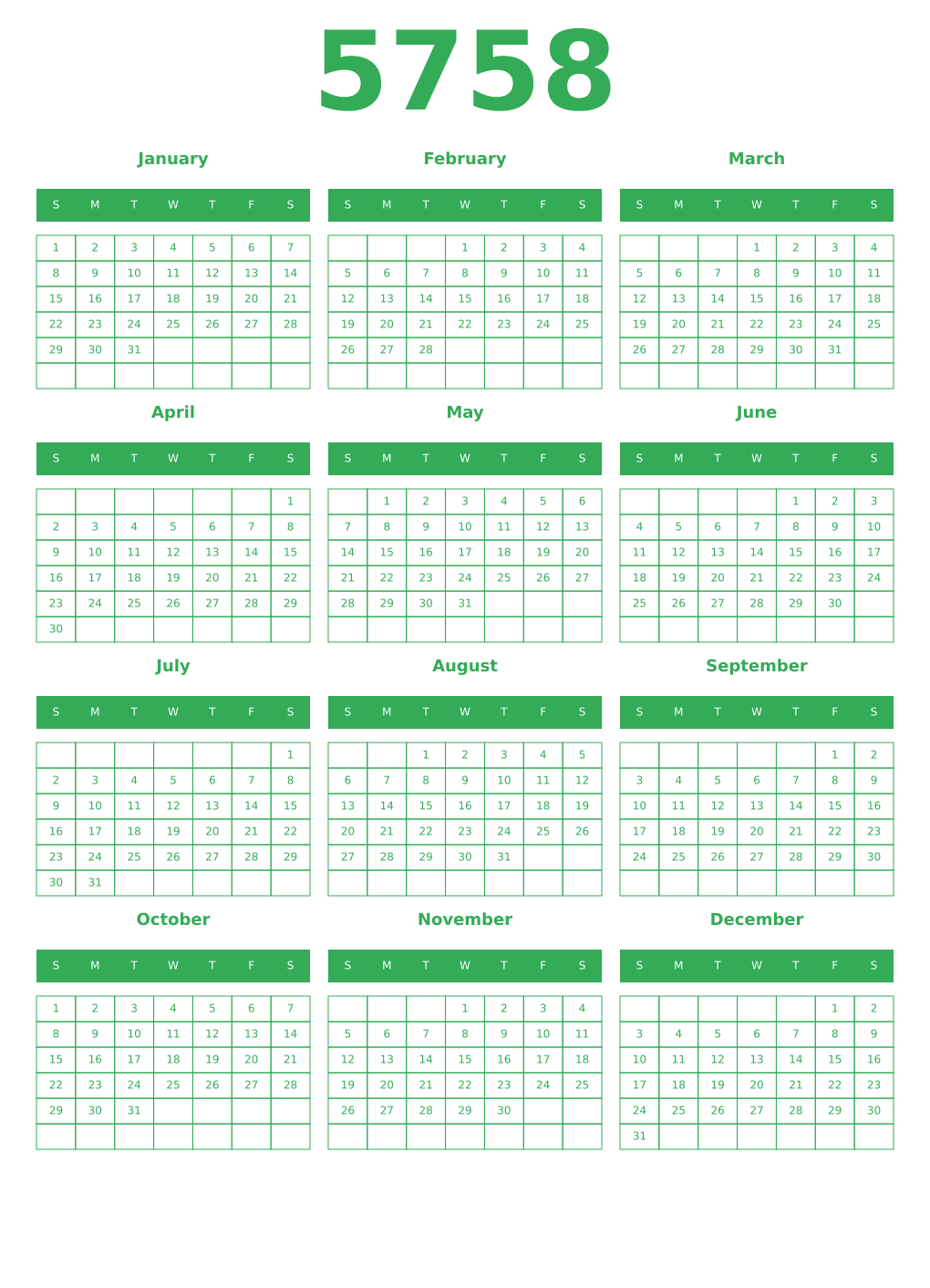 Printable 5758 Year Calendars green