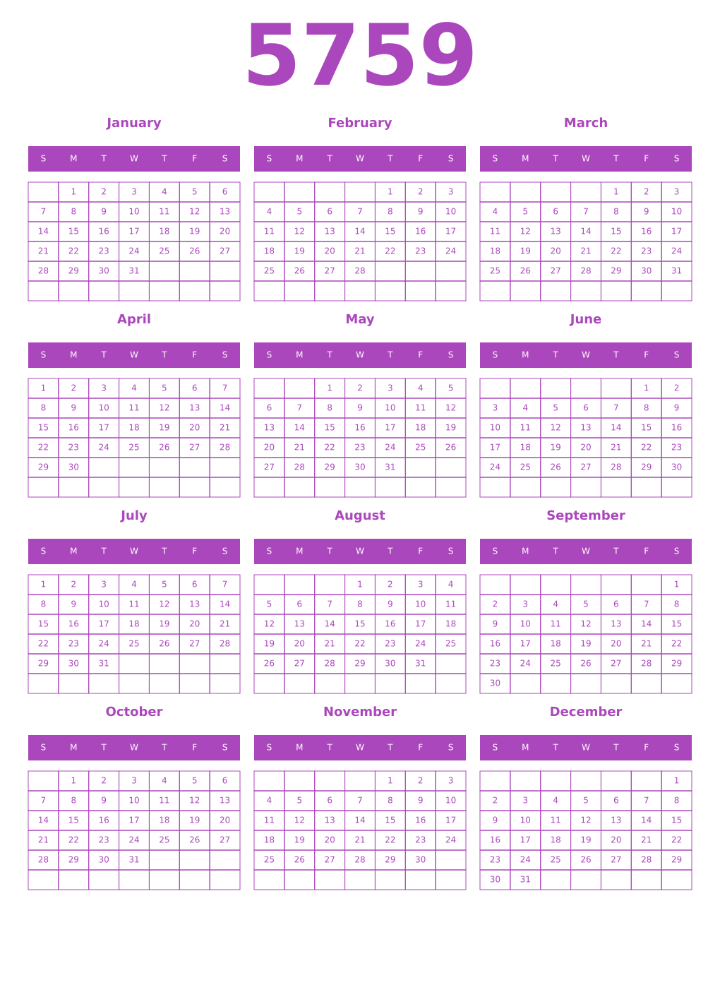 Printable 5759 Year Calendars purple