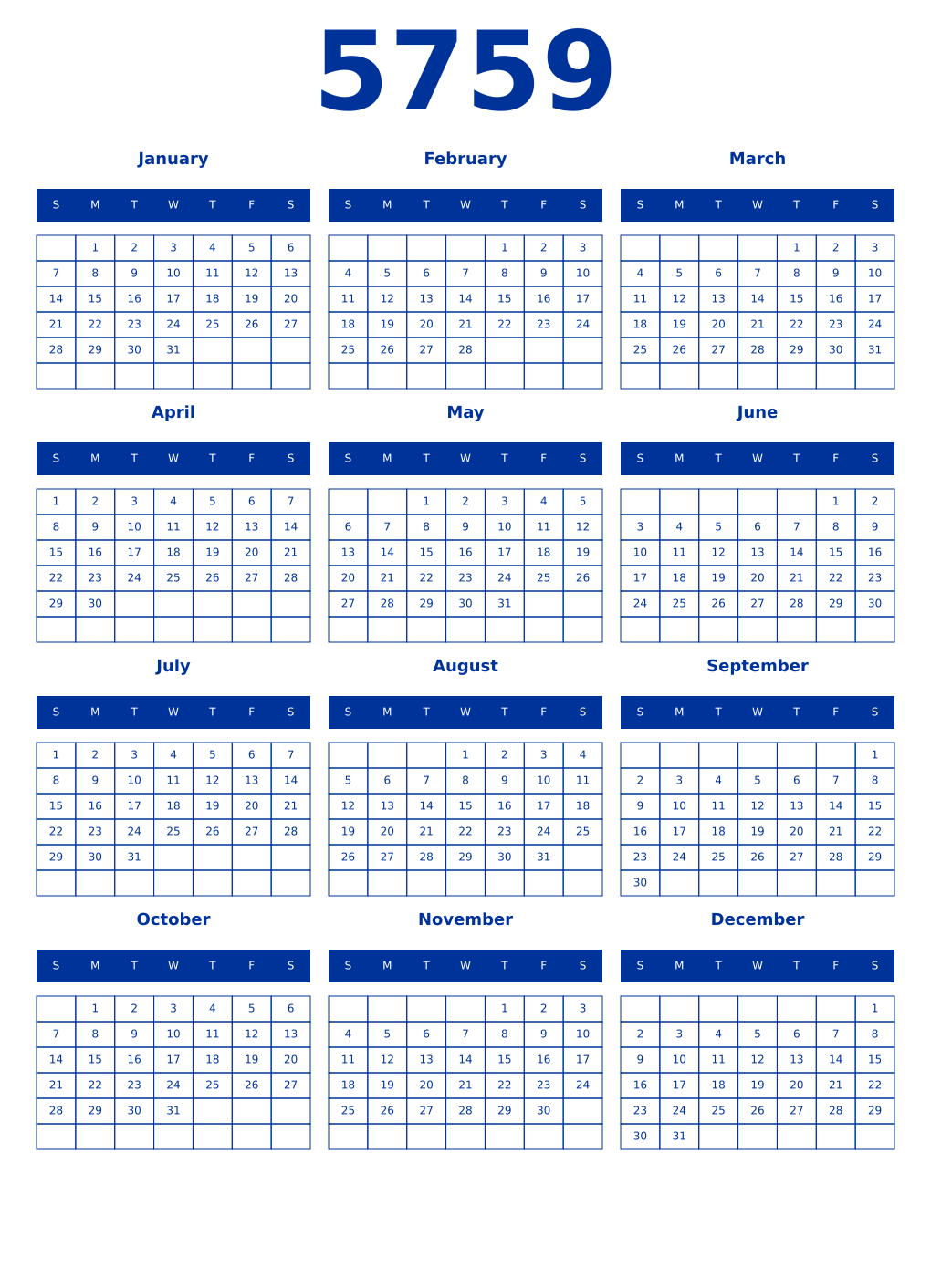 Printable 5759 Year Calendars smalt