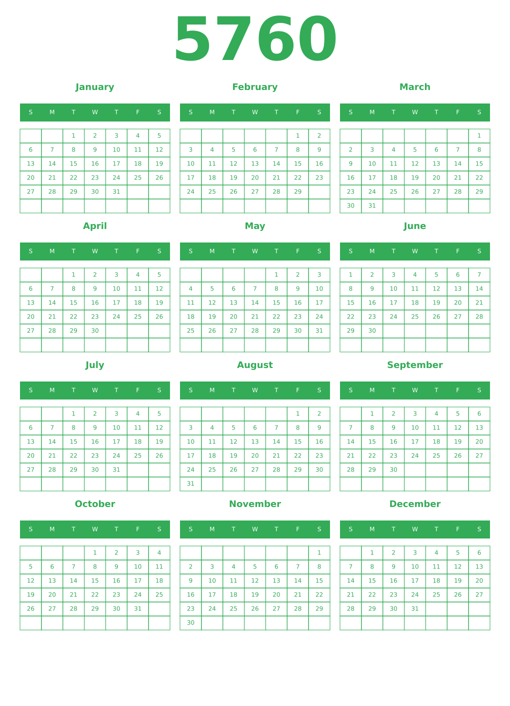 Printable 5760 Year Calendars green