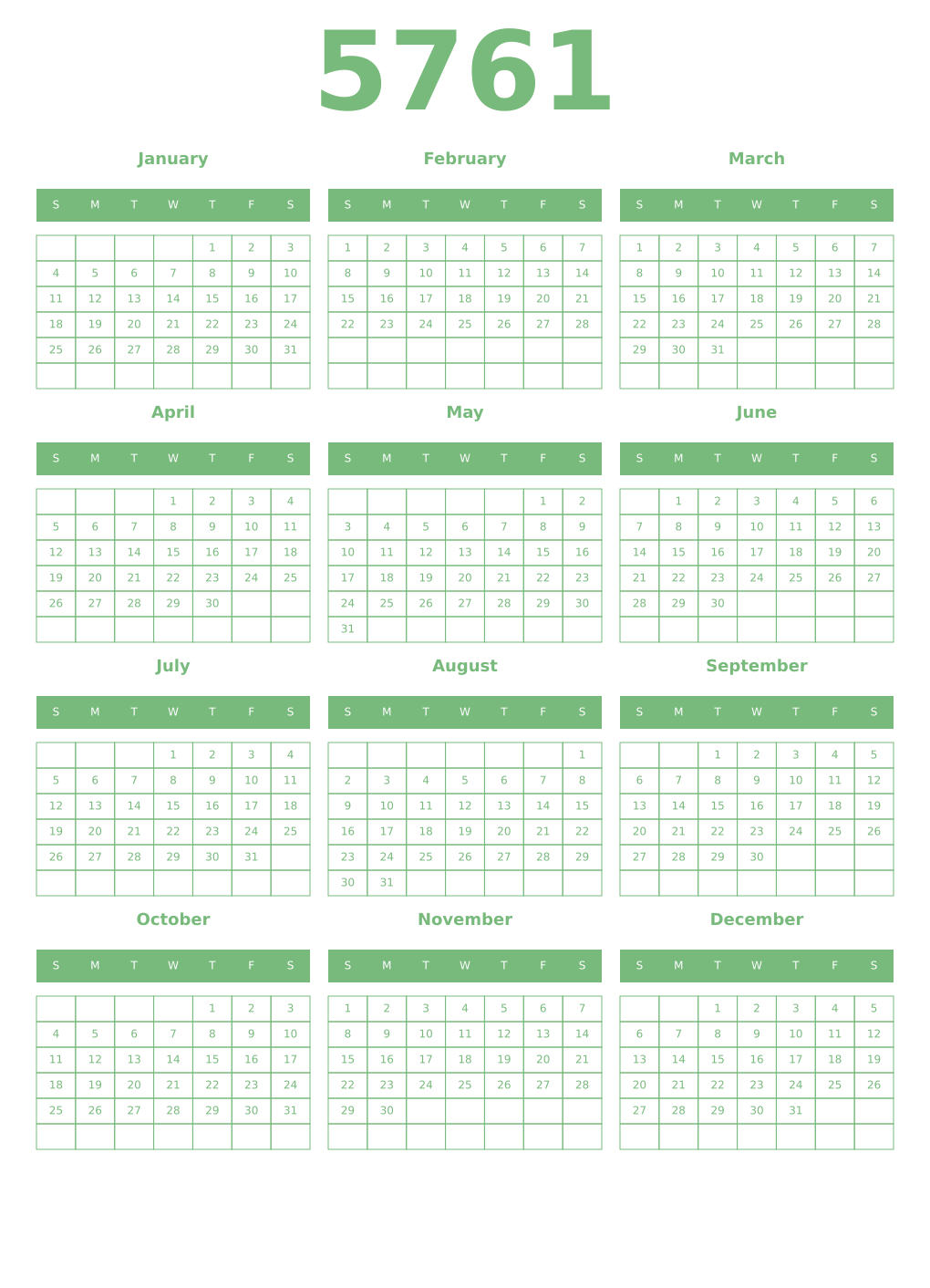 Printable 5761 Year Calendars celadon