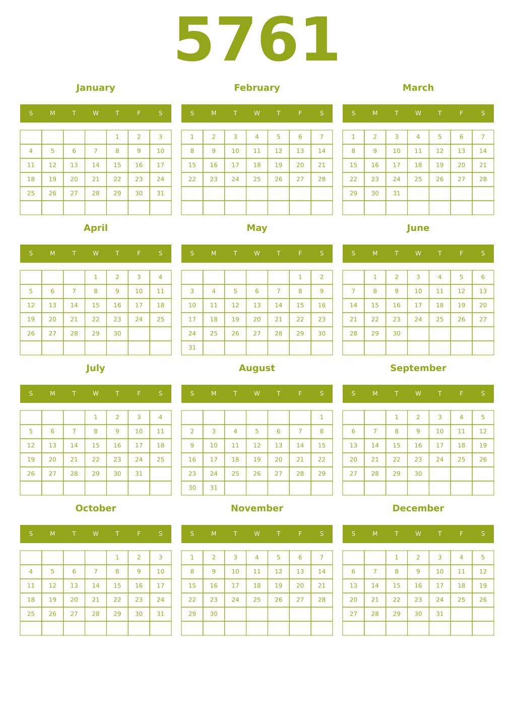 Printable 5761 Year Calendars chartreuse