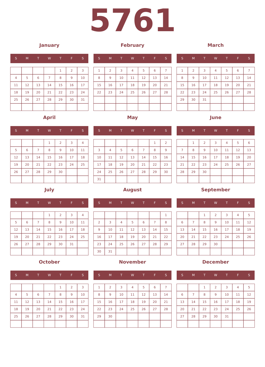 Printable 5761 Year Calendars cordovan