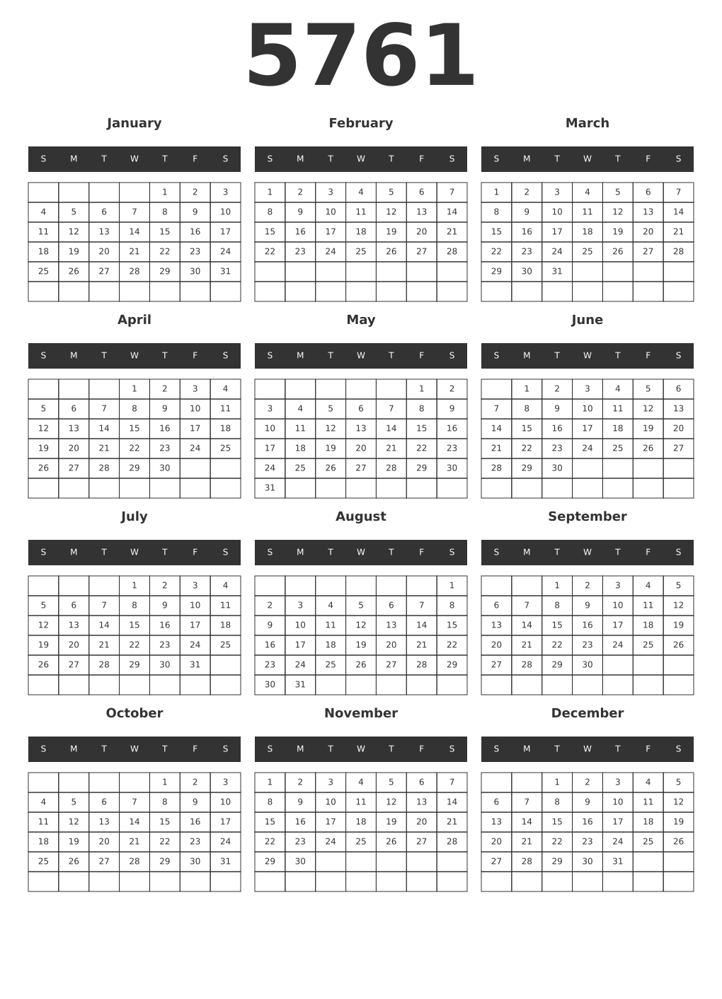 Printable 5761 Year Calendars dark