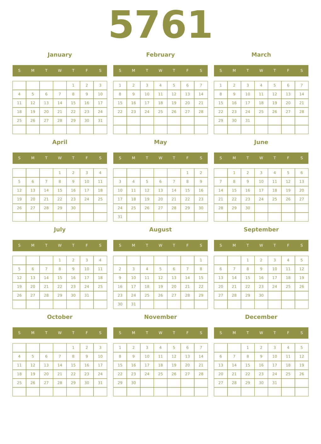 Printable 5761 Year Calendars eburnean
