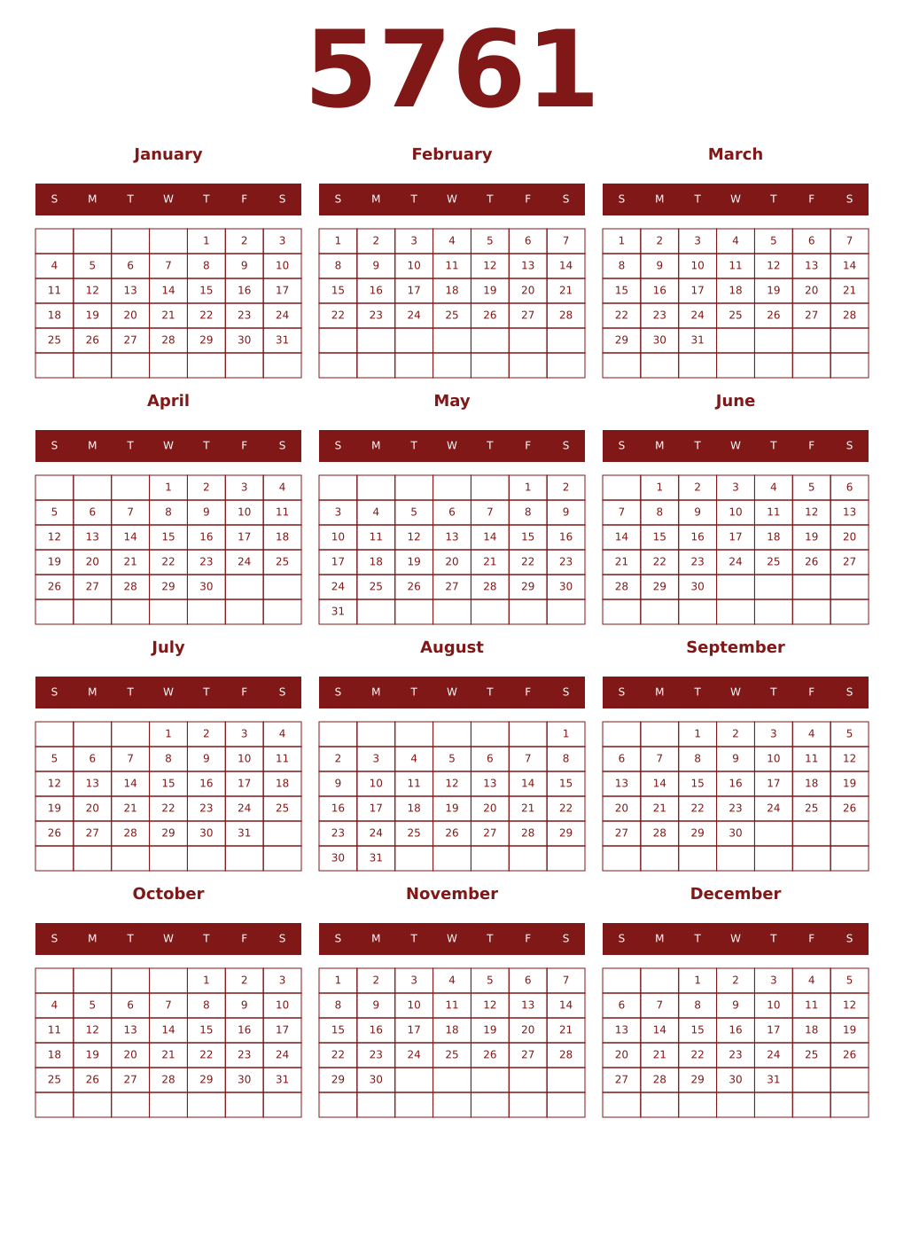 Printable 5761 Year Calendars falu