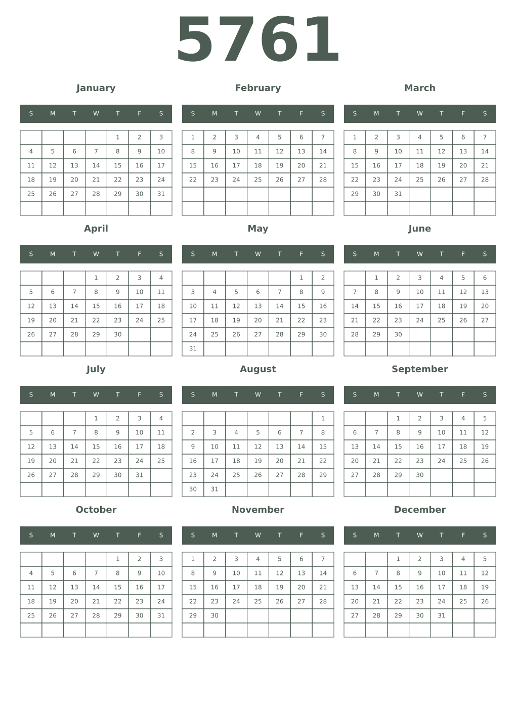 Printable 5761 Year Calendars feldgrau