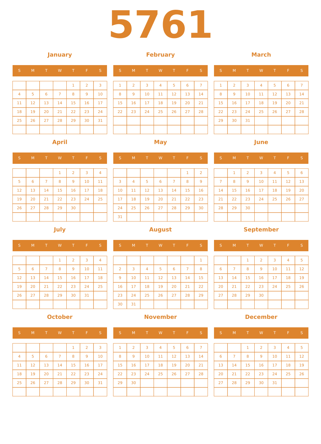 Printable 5761 Year Calendars orange
