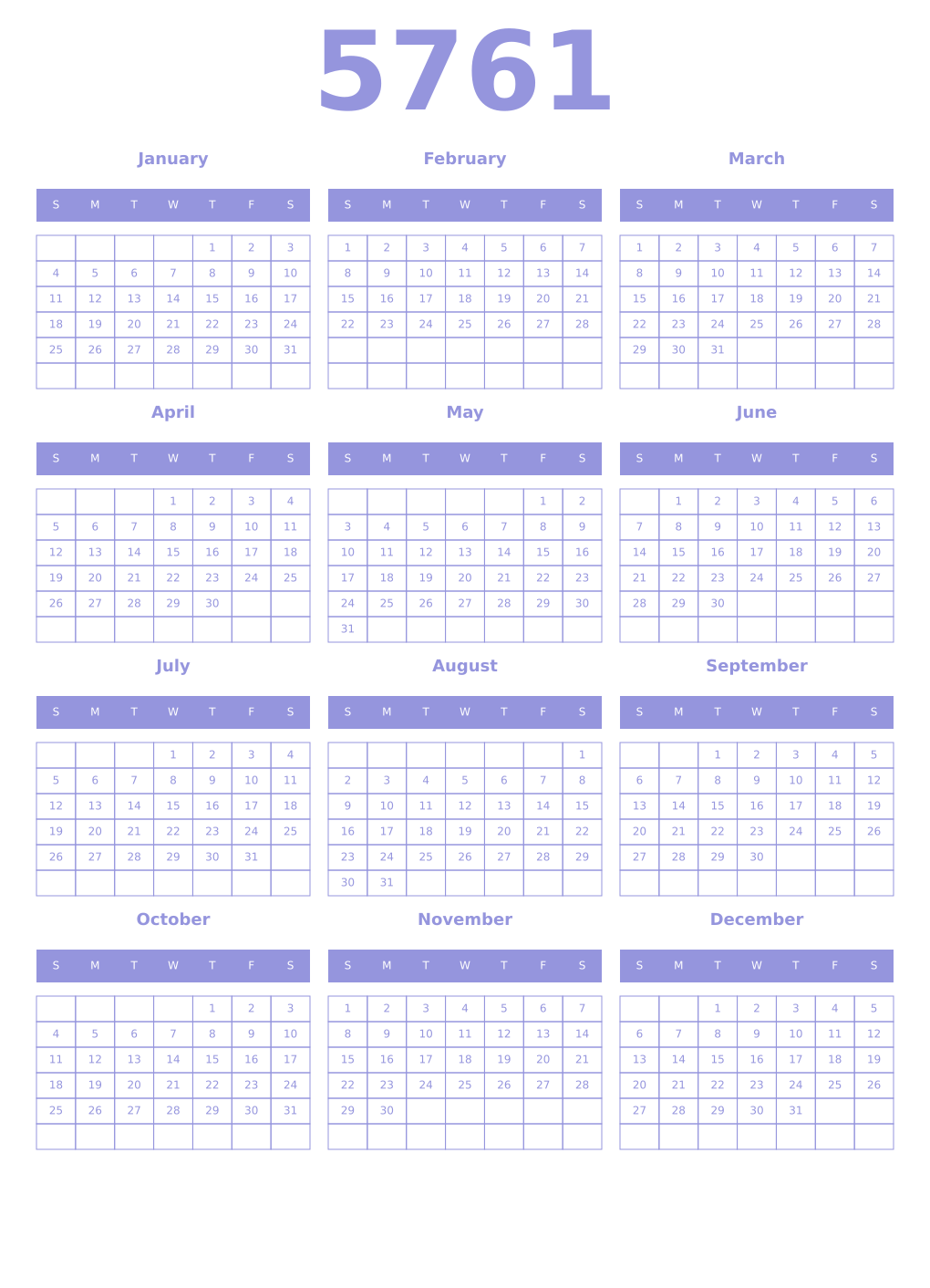 Printable 5761 Year Calendars periwinkle
