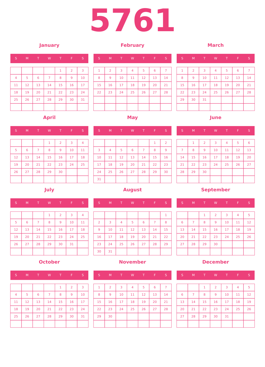Printable 5761 Year Calendars pink