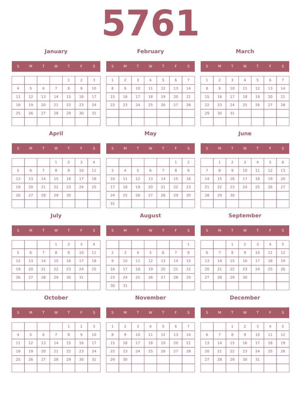 Printable 5761 Year Calendars puce