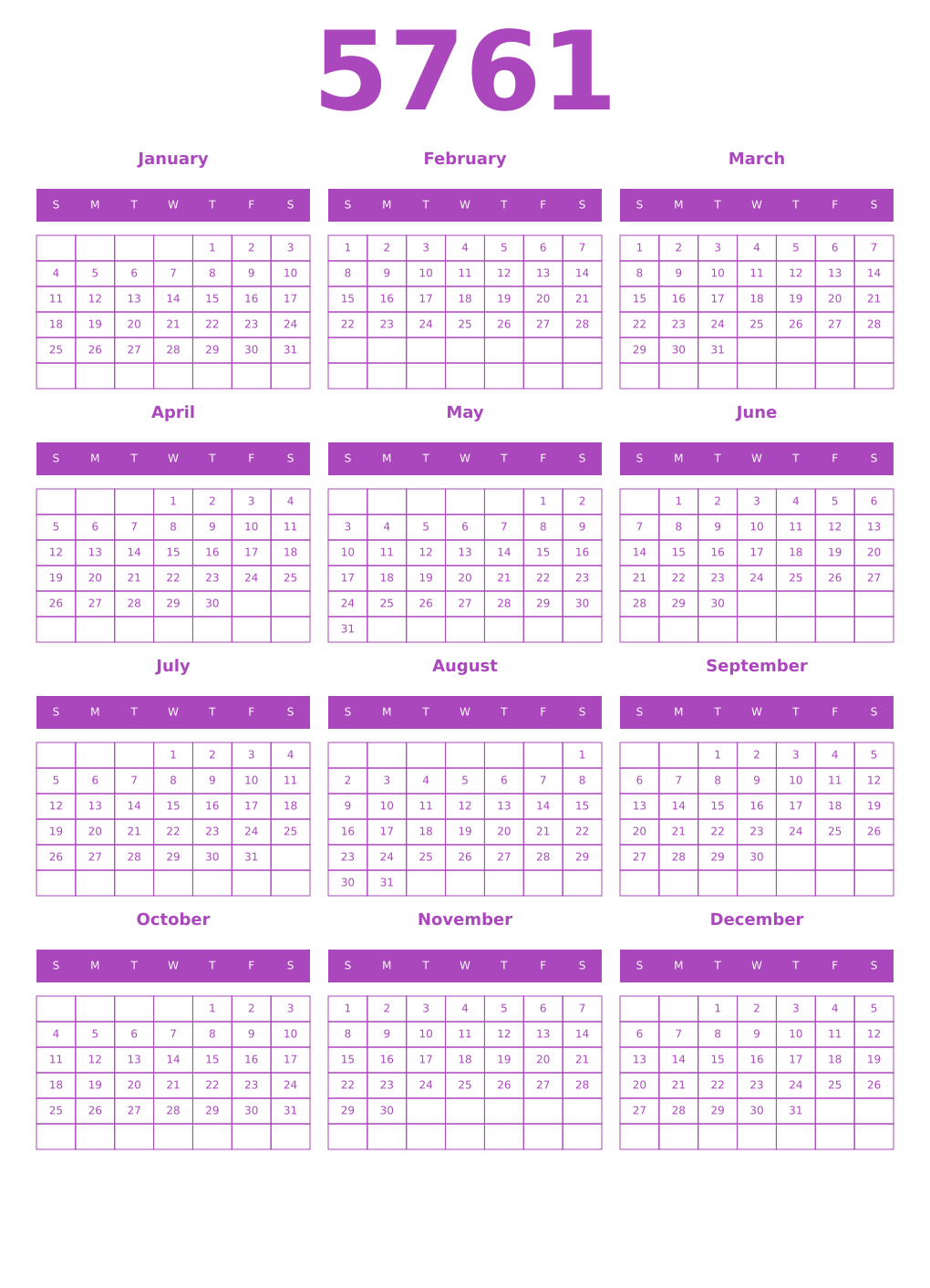 Printable 5761 Year Calendars purple
