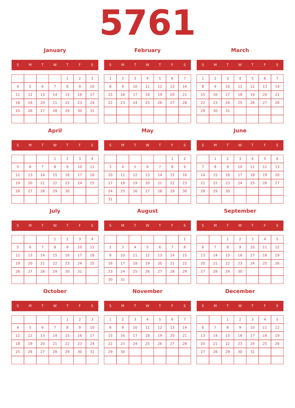 Printable 5761 Year Calendars red