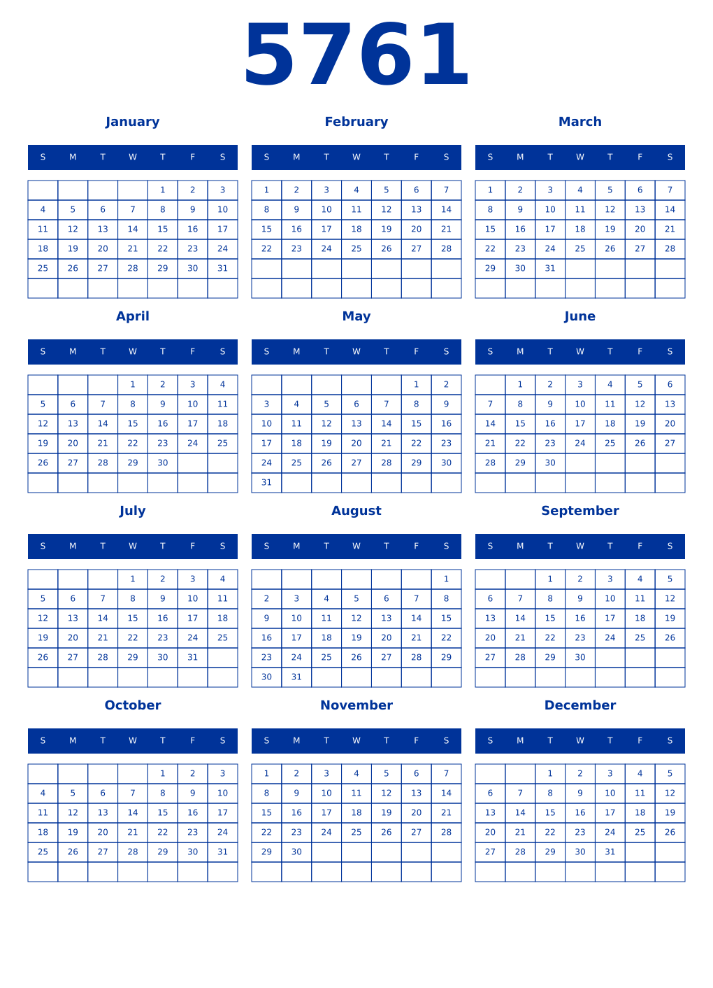 Printable 5761 Year Calendars smalt