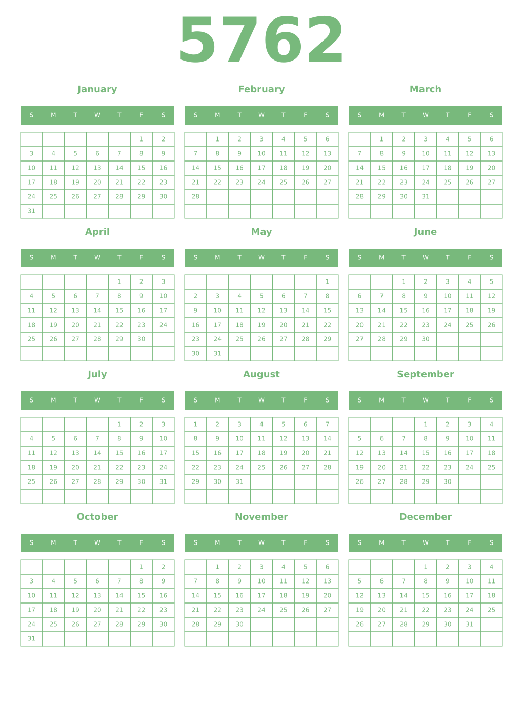 Printable 5762 Year Calendars celadon