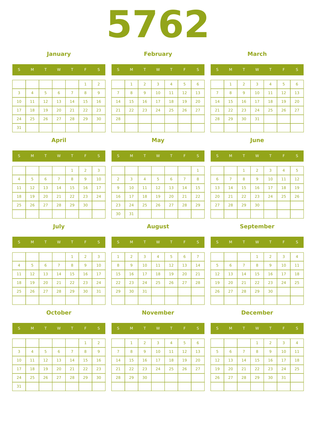 Printable 5762 Year Calendars chartreuse