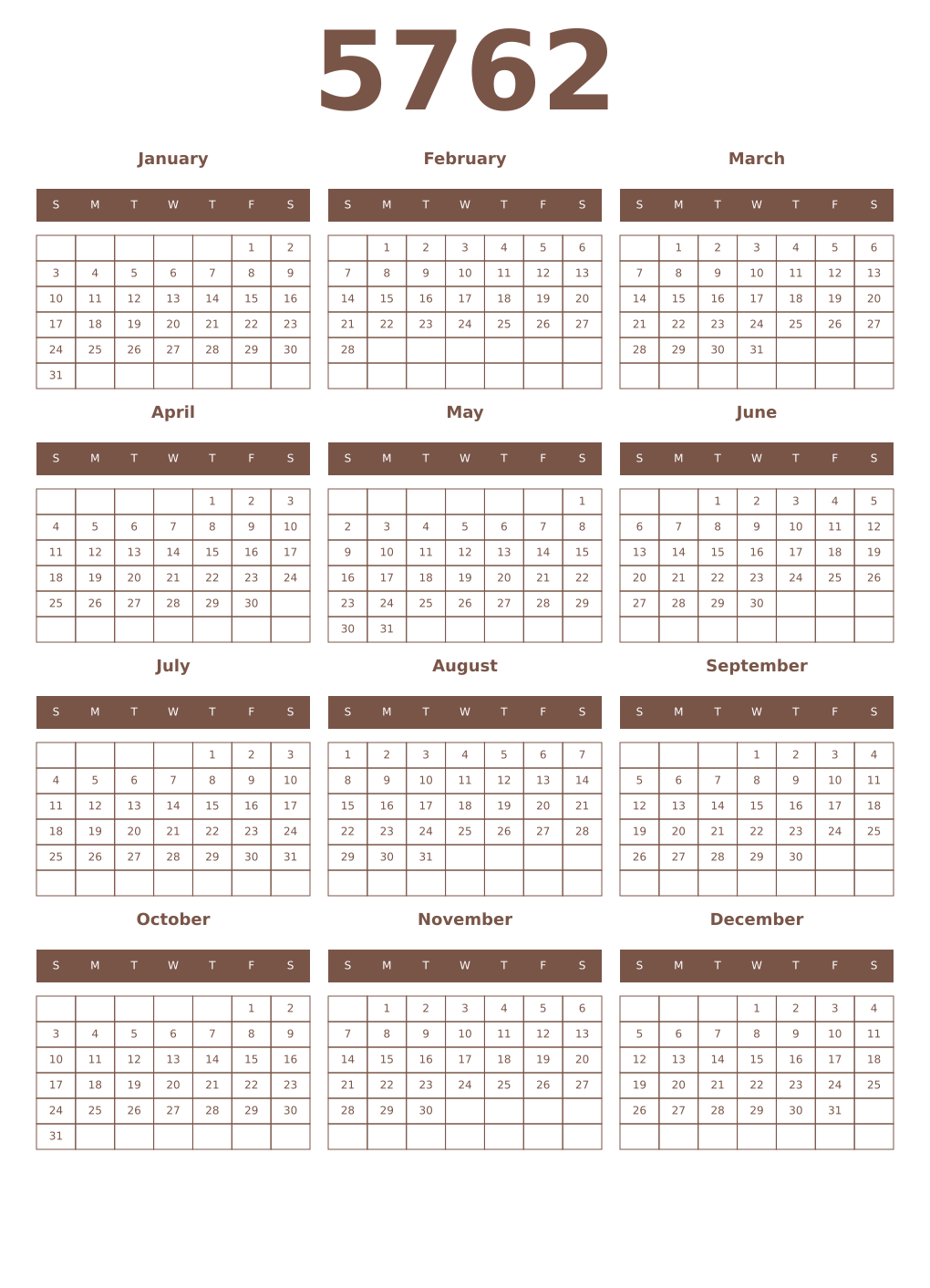 Printable 5762 Year Calendars coffe