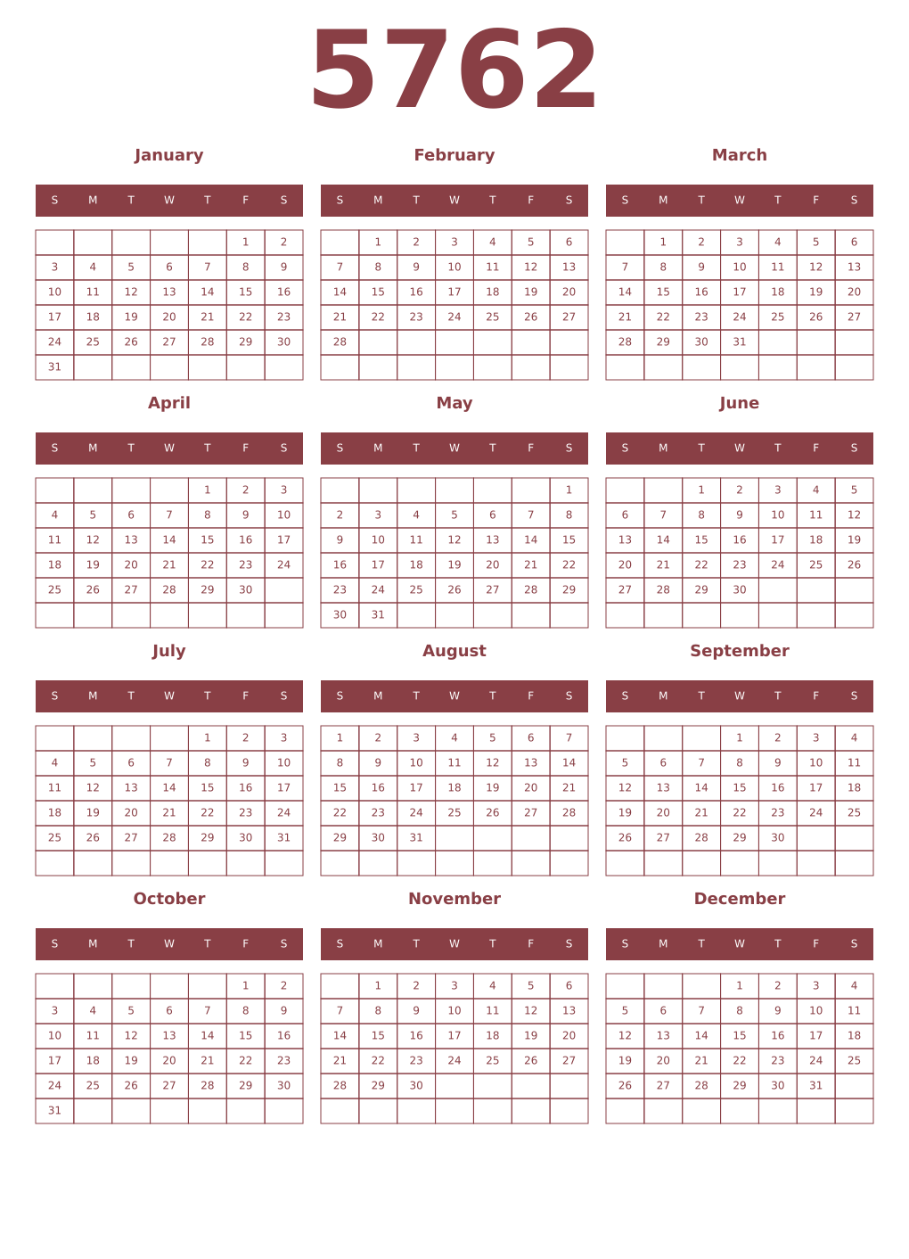 Printable 5762 Year Calendars cordovan
