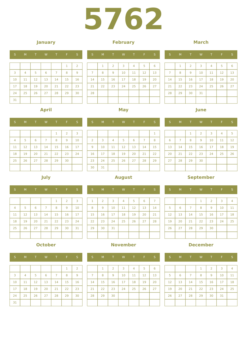 Printable 5762 Year Calendars eburnean